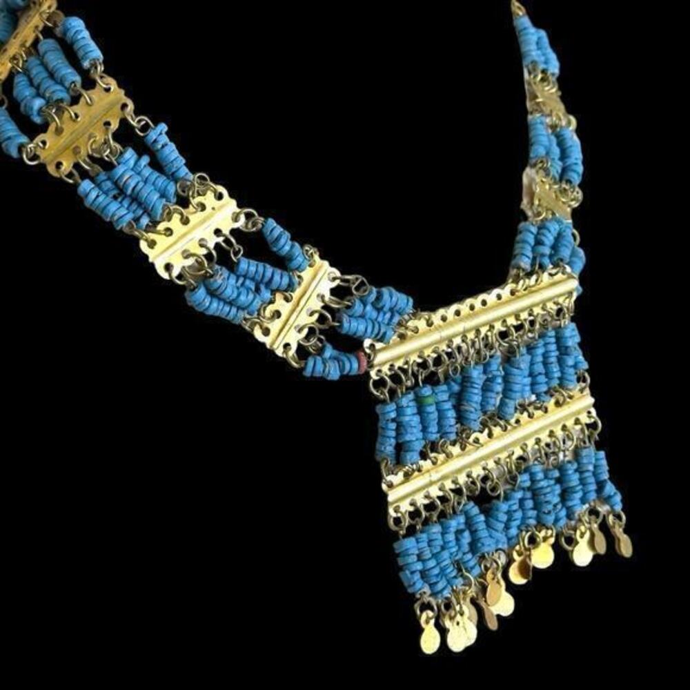 Vintage Egyptian Revival Faience Turquoise Blue Mummy Bead Necklace Brass Coins